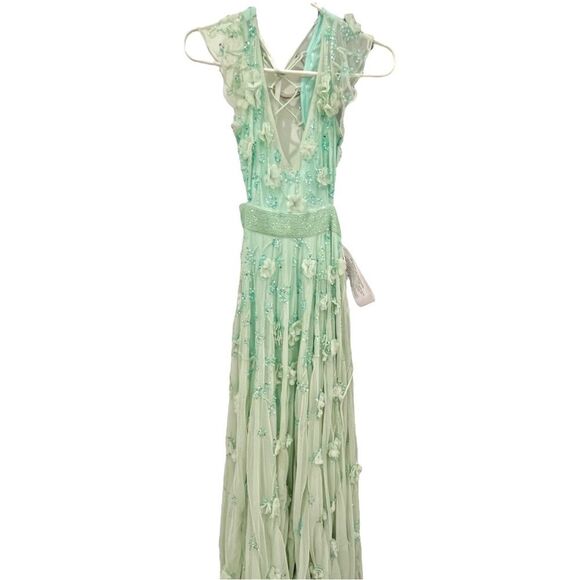 NWT Mac Duggal 70275 Aqua Mint Sequined Floral Ruffle Cutout Tulle Maxi Dress 2 - Picture 2 of 11